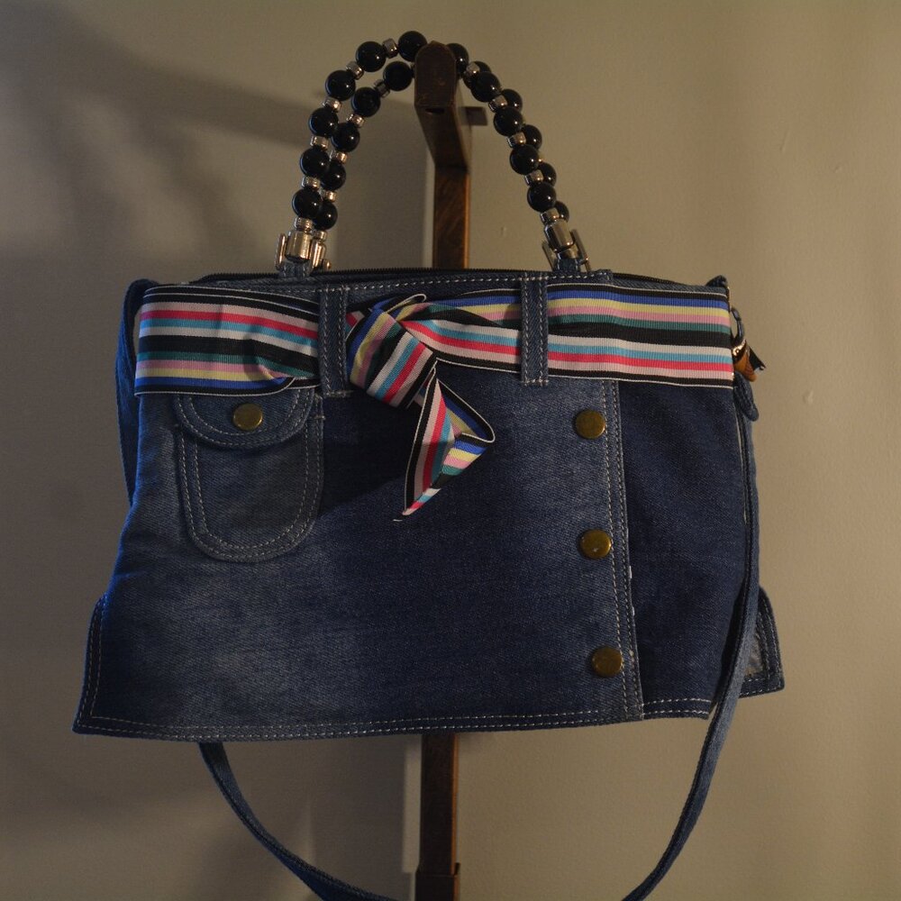 👖 Handmade Denim Jean Purse w/ Striped Bow & Beaded Handles – Unique & Stylish!